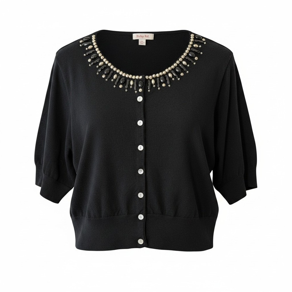 Ruby‎ Rd Woman Black Beaded Scoop Neck Short Sleeve Cardigan Sweater Plus 2X NWT
